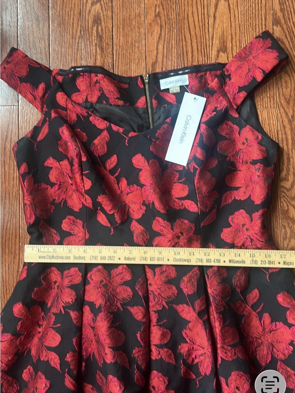 Calvin Klein Black Dress with Red Floral Jacquard Detail